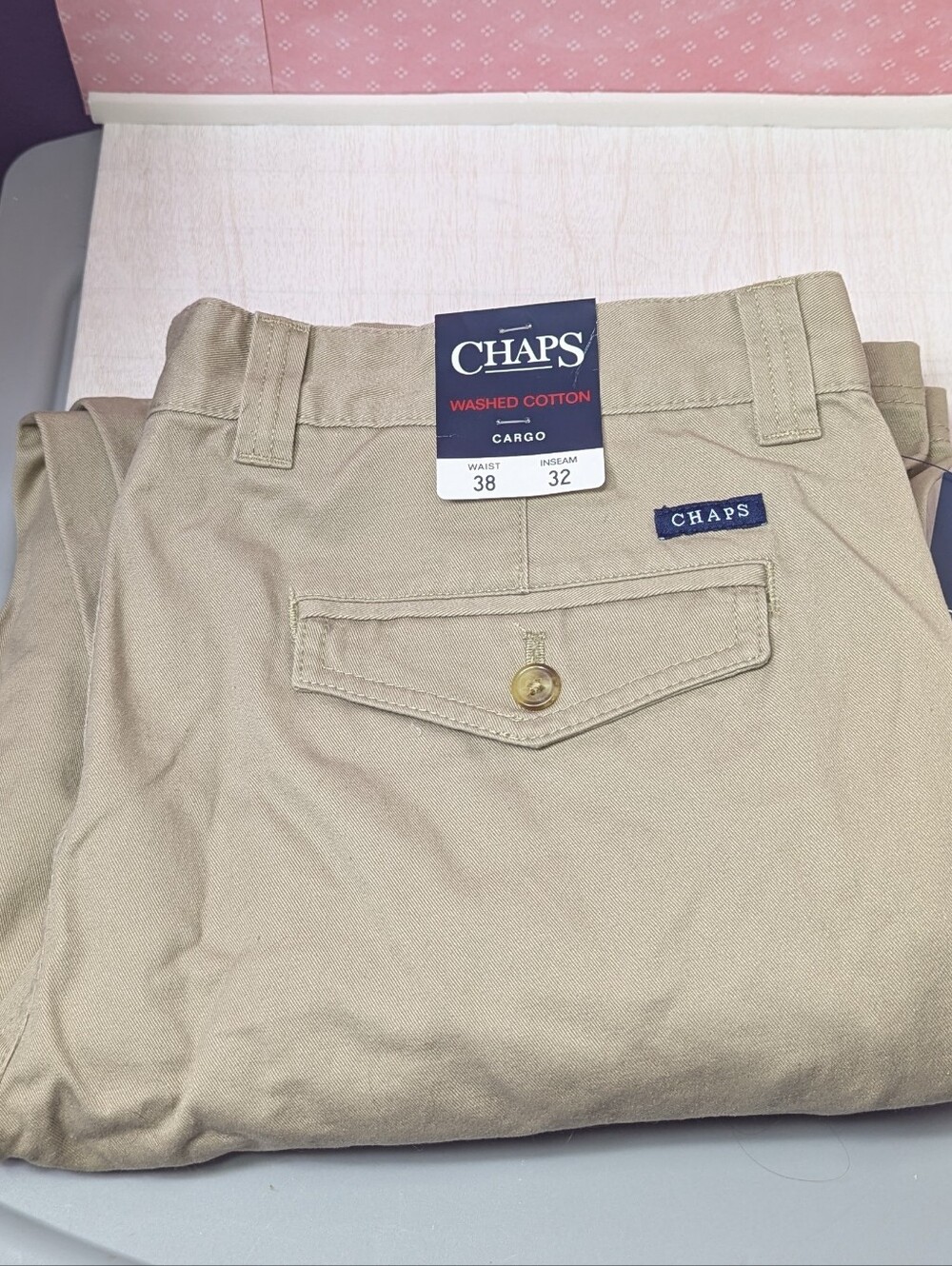 Chaps Pants Mens 38x32 Hudson Tan 100% Cotton Cargo Pocket Retro Classic